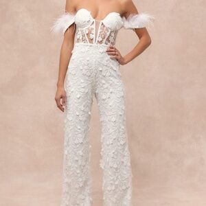 Lulus Sparkle White Mesh Embroidered Feather Bustier Jumpsuit - Size XS